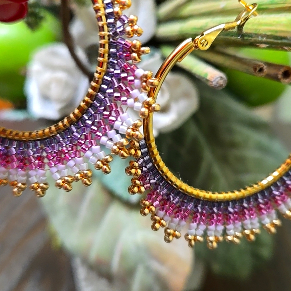 NEW Bead & Bloom Handcrafted Beaded Hoop Earrings purple lilac